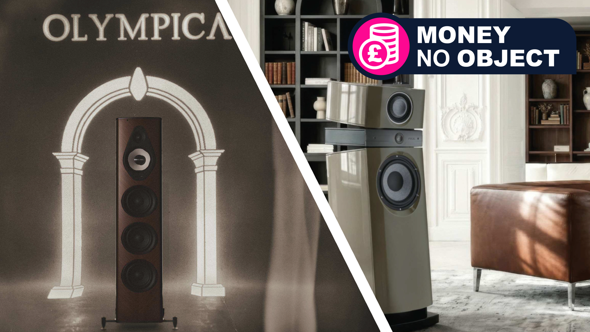 Two images of speakers in a split-screen image, with TR's 'Money No Object' badge in the top right corner 