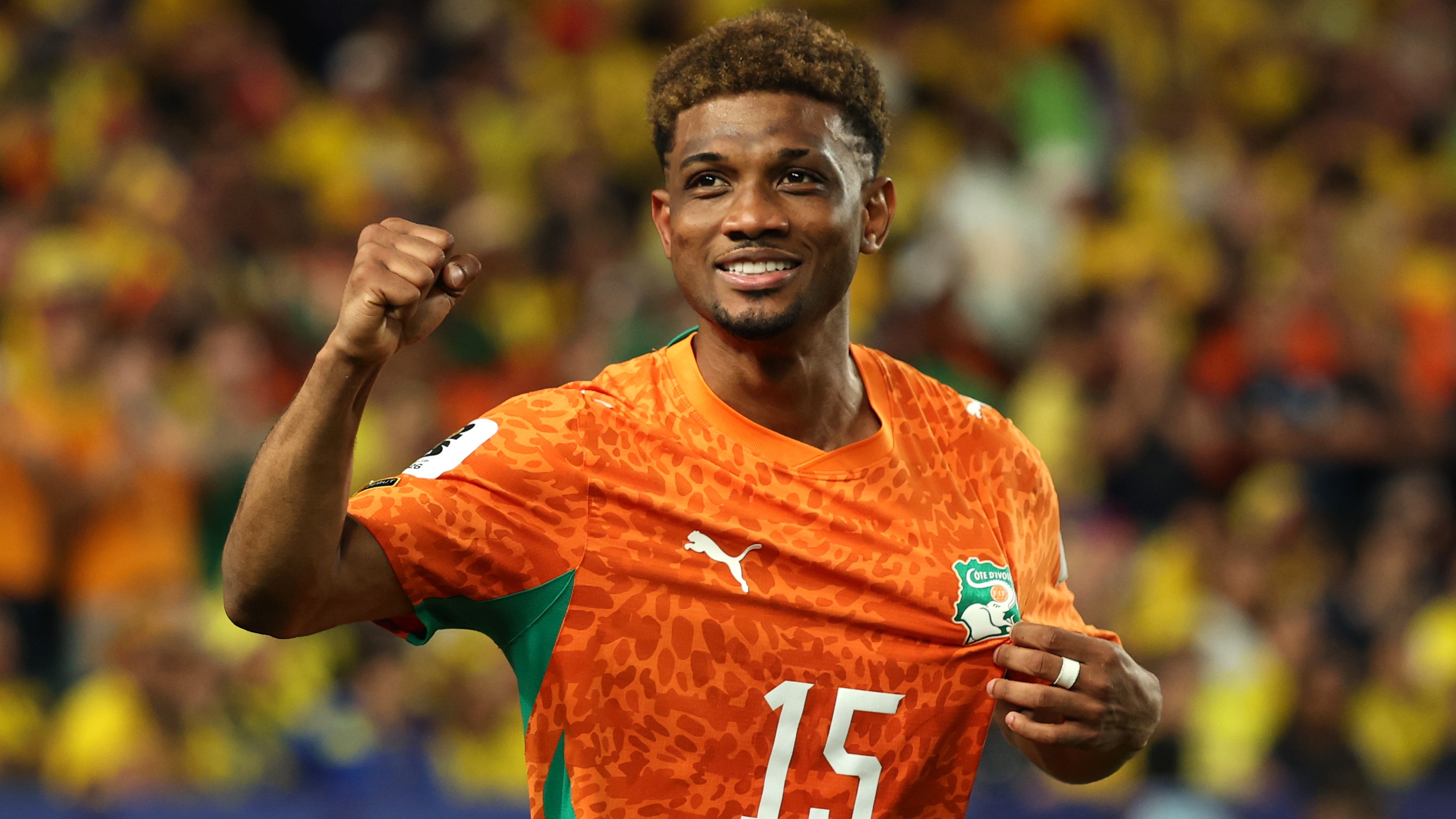 Amad Diallo of Ivory Coast celebrates scoring his team's first goal during the FIFA World Cup 2026 Group E match against Ecuador at Philadelphia Stadium on June 14, 2026 in Philadelphia, Pennsylvania