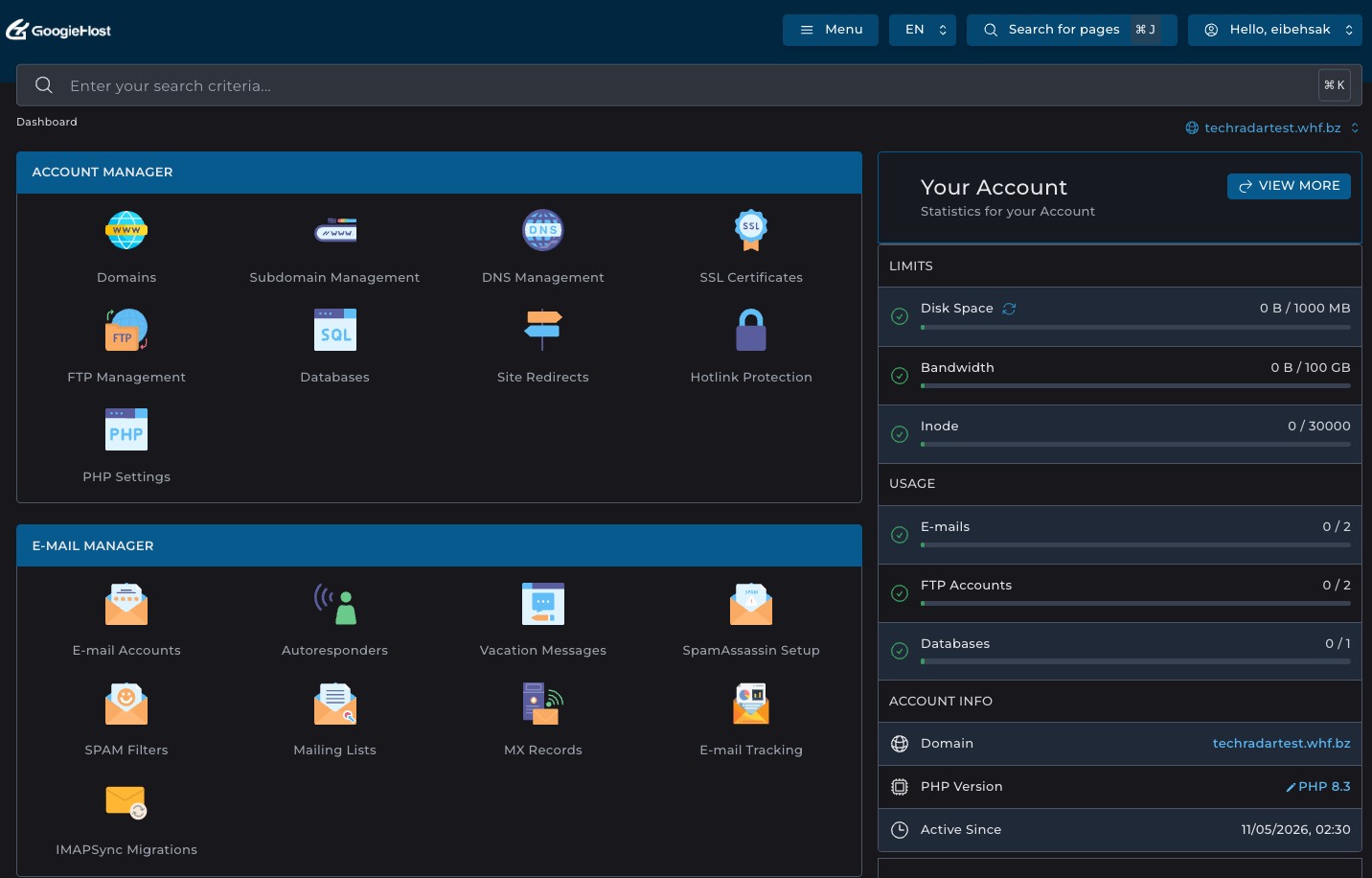 screenshot of the DirectAdmin control panel on Googiehost.