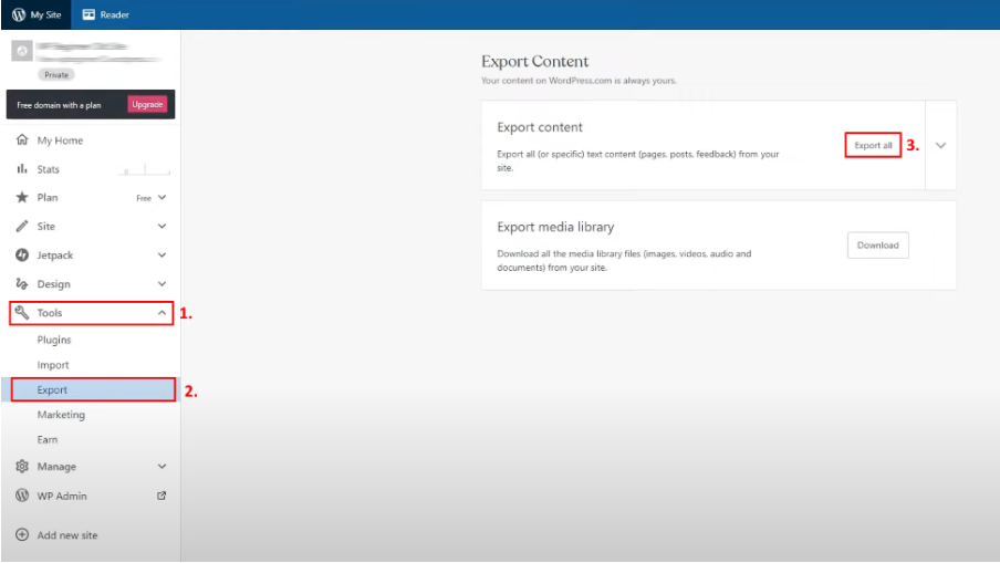 Screenshot of the WordPress migration process
