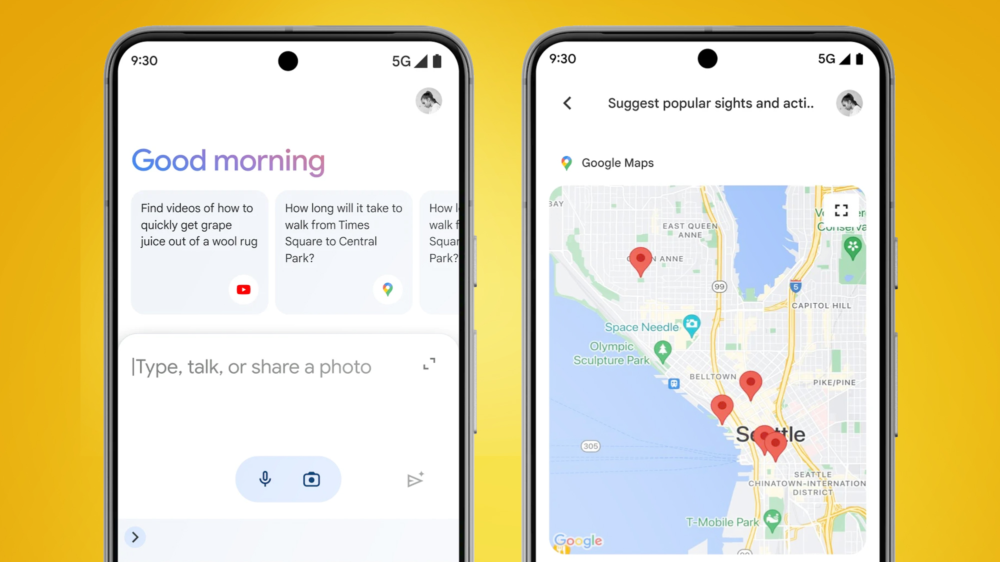 Two phones on an orange background showing the Google Gemini app