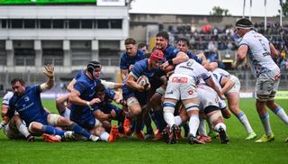 Josh van der Flier of Leinster peels away from the maul on the way to scoring a try during the United Rugby Championship Grand Final match between Leinster and Vodacom Bulls at Croke Park in Dublin.