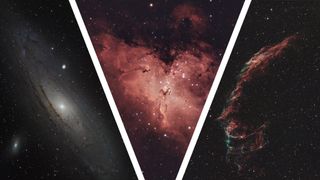 A composite photograph of the Andromeda Galaxy (left), Eagle Nebula (center) and East Veil Nebula (right), taken with the Dwarf III smart telescope, processed in Pixinsight