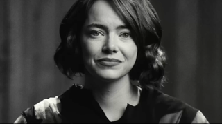 Headshot of emma stone in black and white for Squarespace campaign