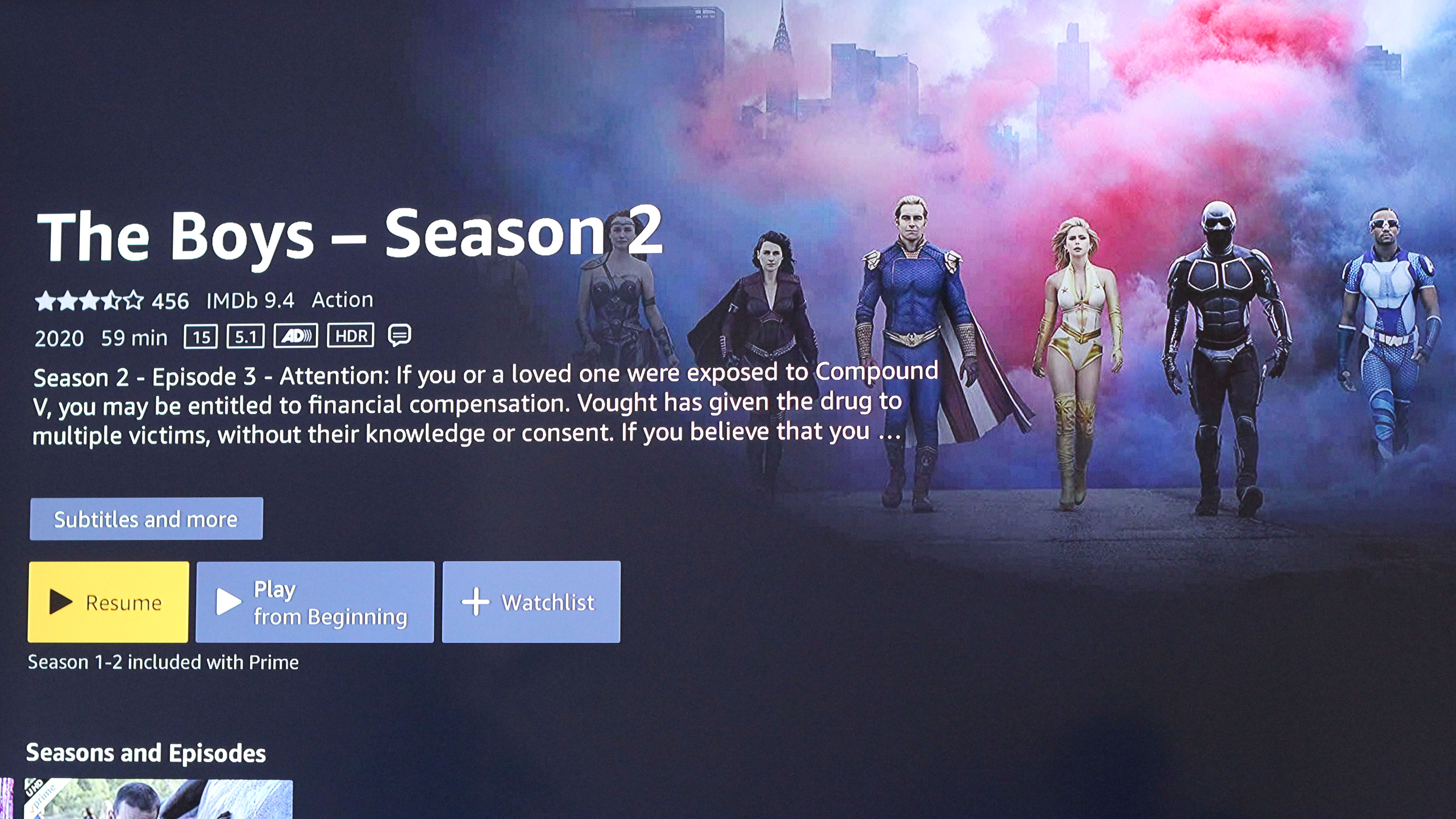 The Samsung Q60T QLED displaying The Boys Season 2 menu on Prime Video.