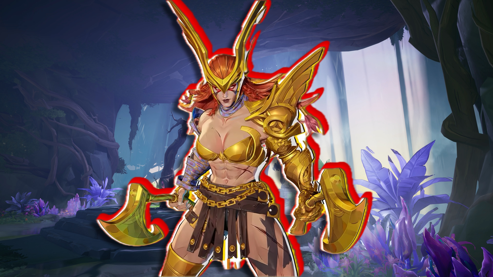 Angela stands posing with two axes