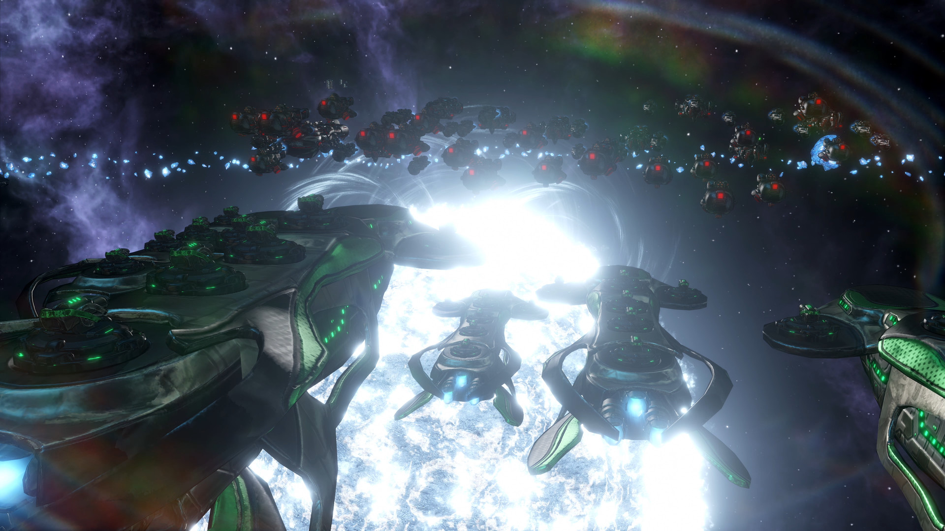 A fleet musters for battle above a white star