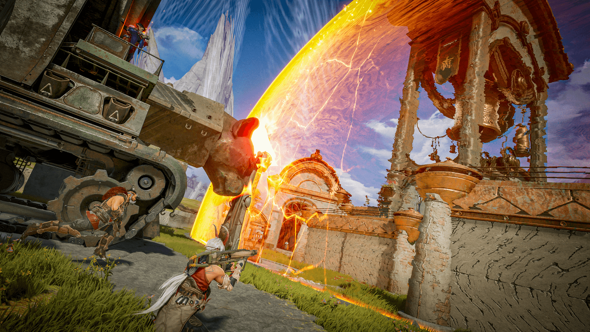 A still from Highguard, showing the ram attacking a base.