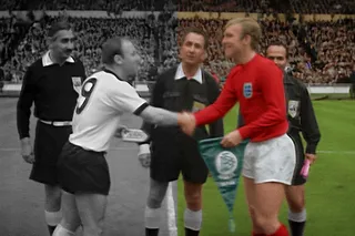 A half monotone, half full-colour image of the 1966 World Cup final