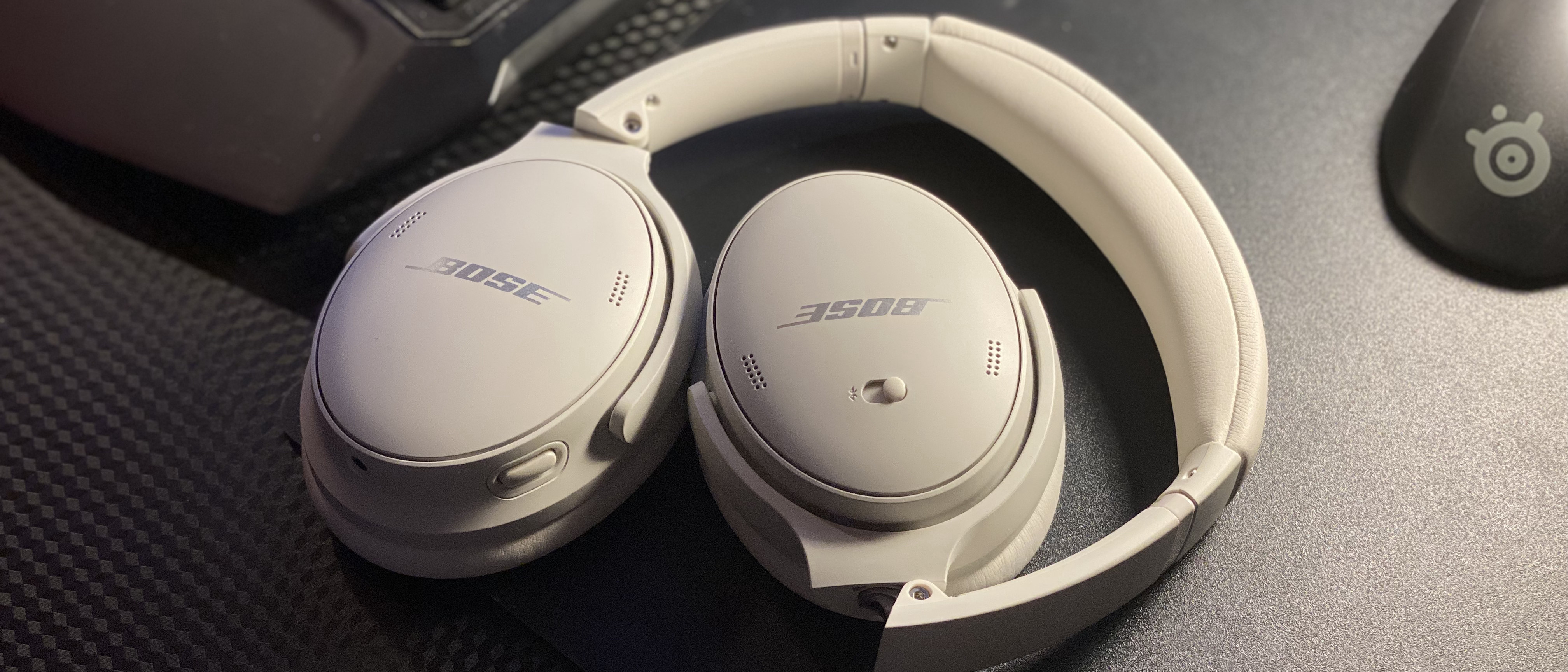 The Bose QuietComfort 45 on a computer desk.