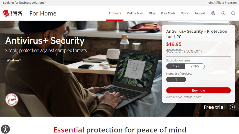 Website screenshot for Trend Micro showing the discounted prices for Trend Micro Antivirus+ Security Protection for 1 PC.