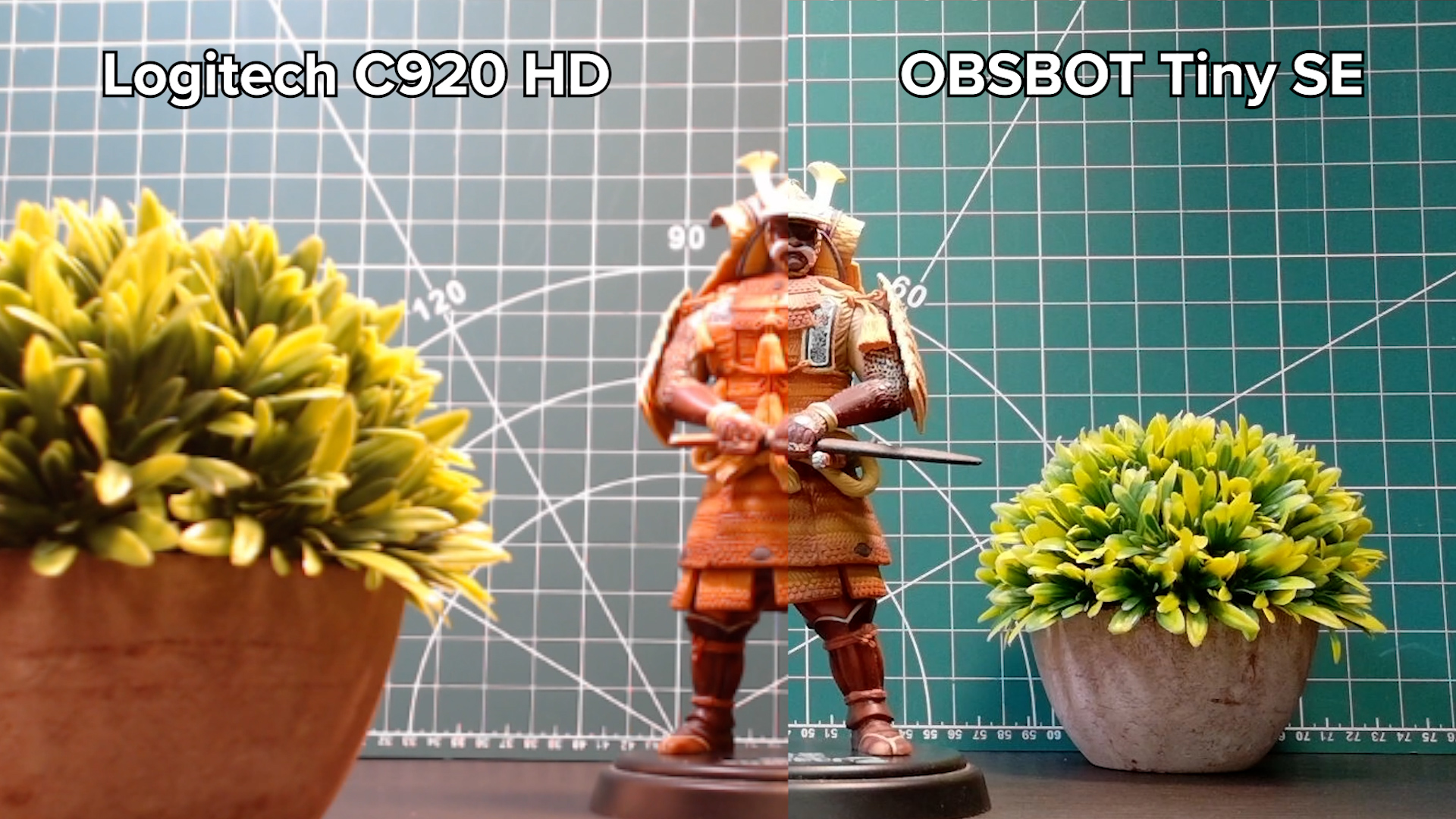 Image quality comparison of the Logitech C920 HD and the Obsbot Tiny SE, showing a figurine of a samurai.