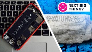 A phone showing its battery on top of a laptop, next to an image of the common mineral spodumene.