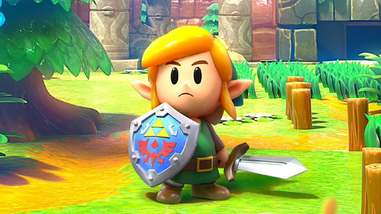Link stands with his sword and shield