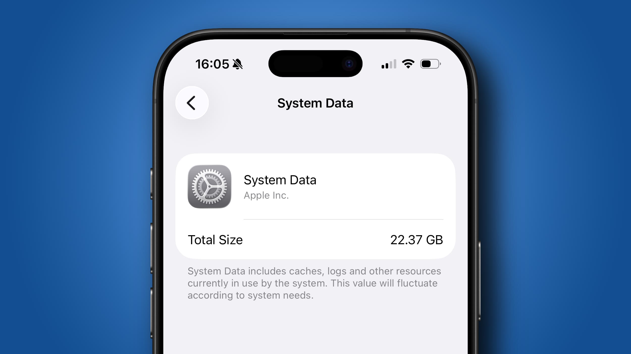 An iPhone showing the amount of iOS storage taken up by System Data.