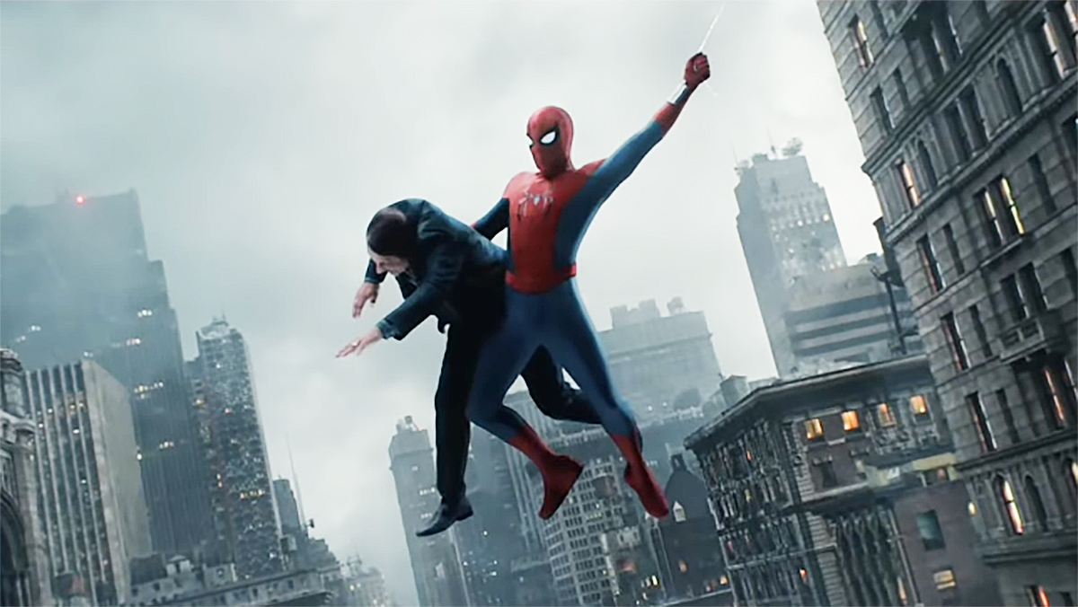 Spider-Man swinging through New York City with a criminal under his right arm in Spider-Man: Brand New Day