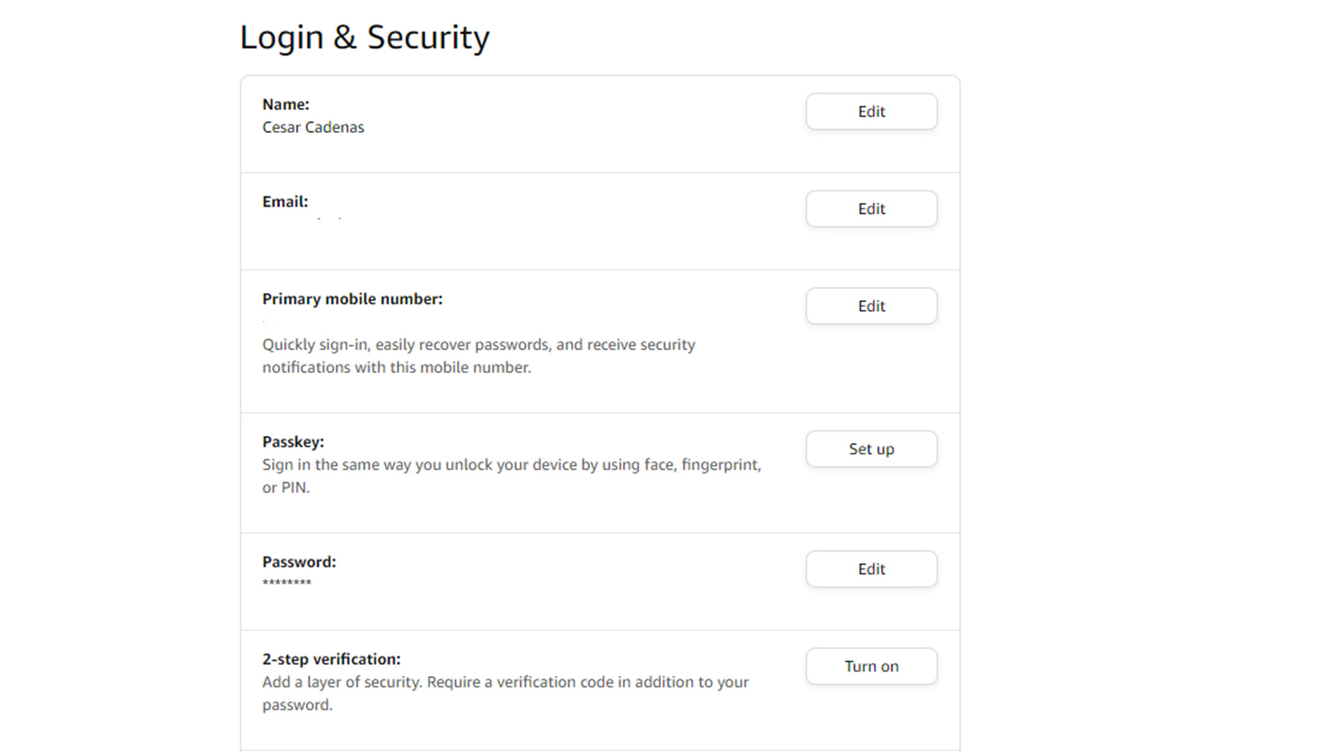 Amazon Login &amp;amp; Security menu