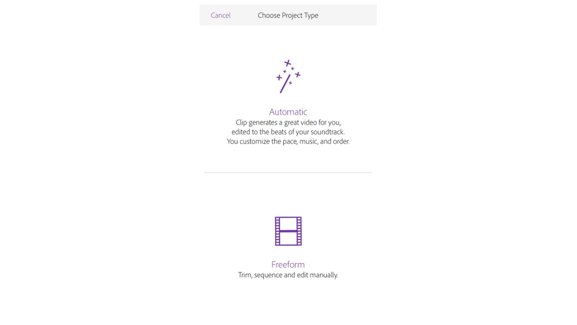 Premiere Clip offers to do all the editing for you with &amp;ldquo;Automatic&amp;rdquo;, or for you to cut your project in the more traditional &amp;ldquo;Freeform&amp;rdquo; way.