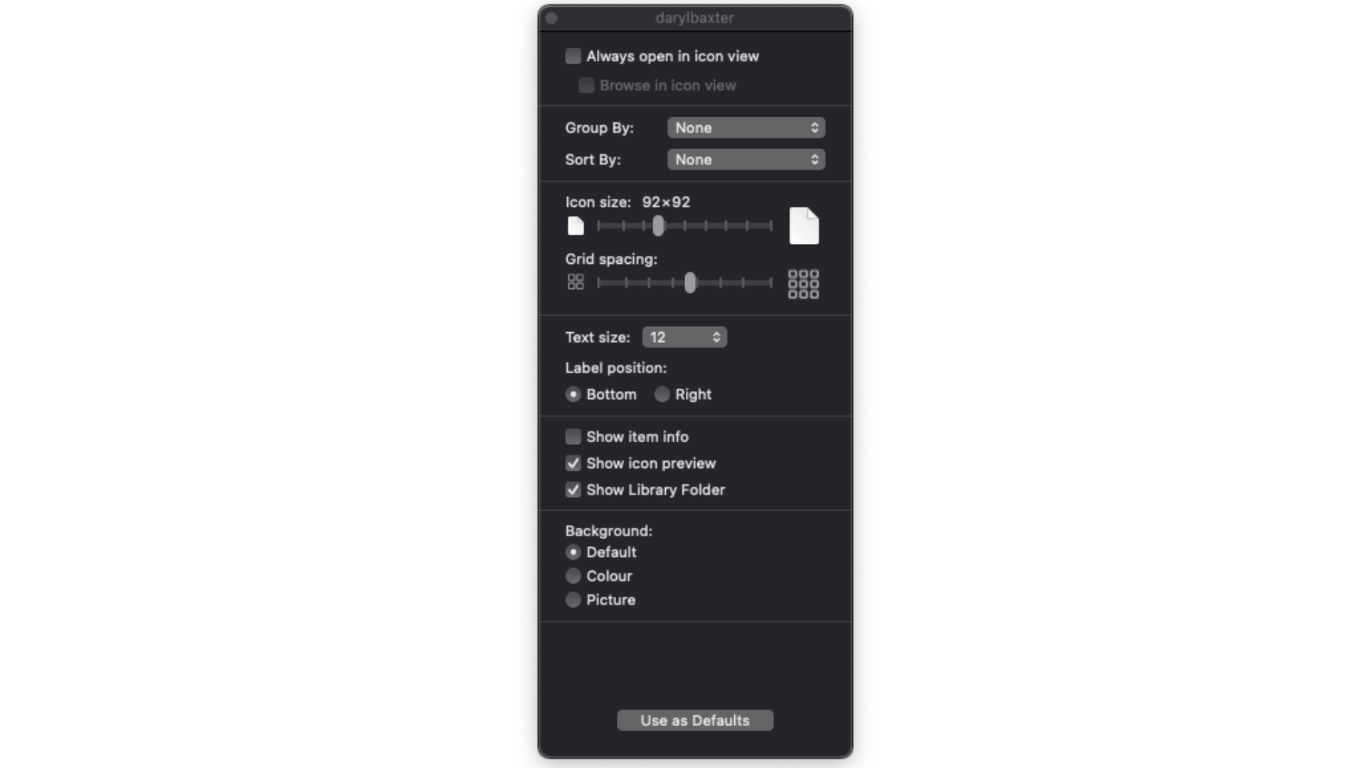 Library option in View Options within macOS