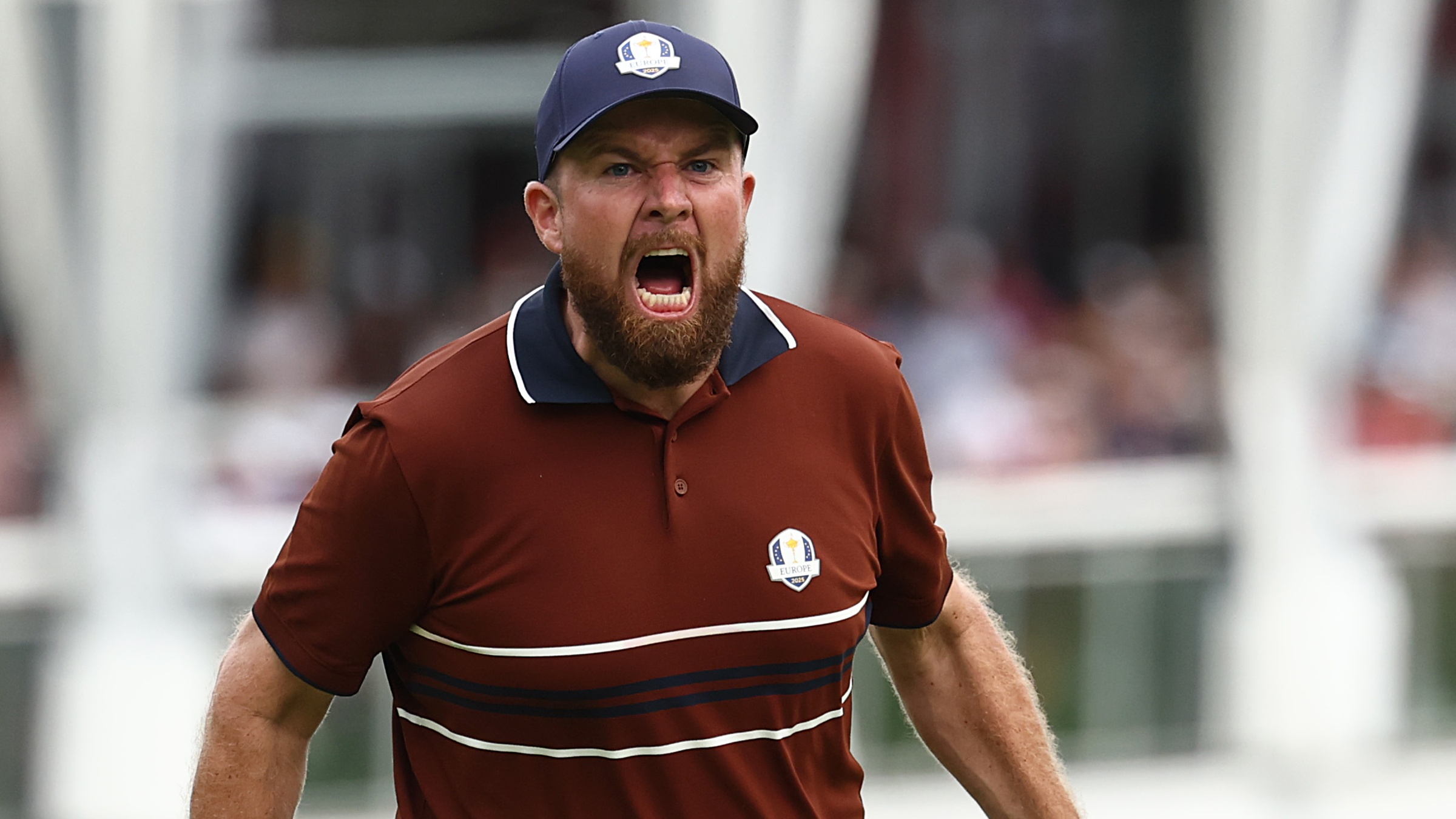 Shane Lowry of Team Europe reacts after making a birdie to tie the 15th hole during the Saturday afternoon four-balls matches of the 2025 Ryder Cup at Black Course at Bethpage State Park Golf Course on September 27, 2025 in Farmingdale, New York.