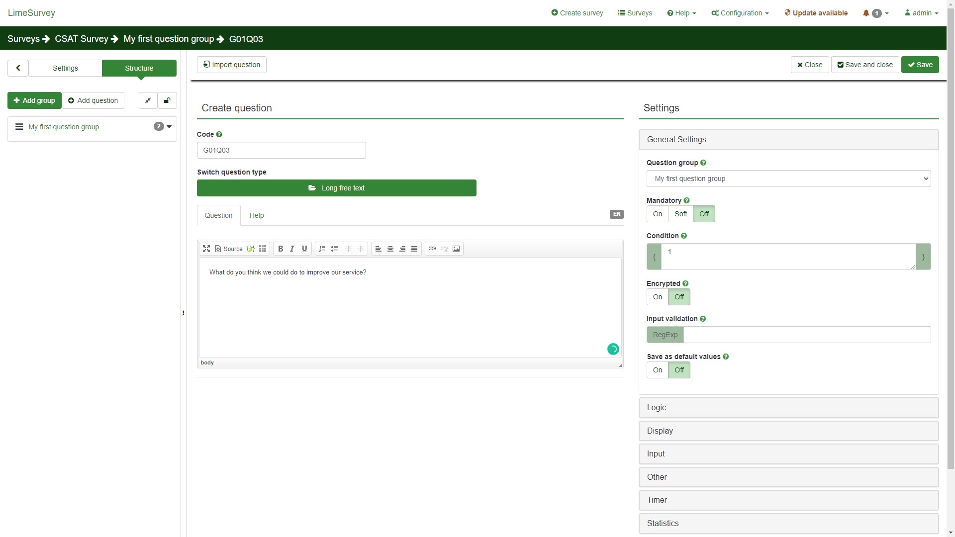 Screenshot of LimeSurvey&amp;rsquo;s Create question page for a long free text question type.