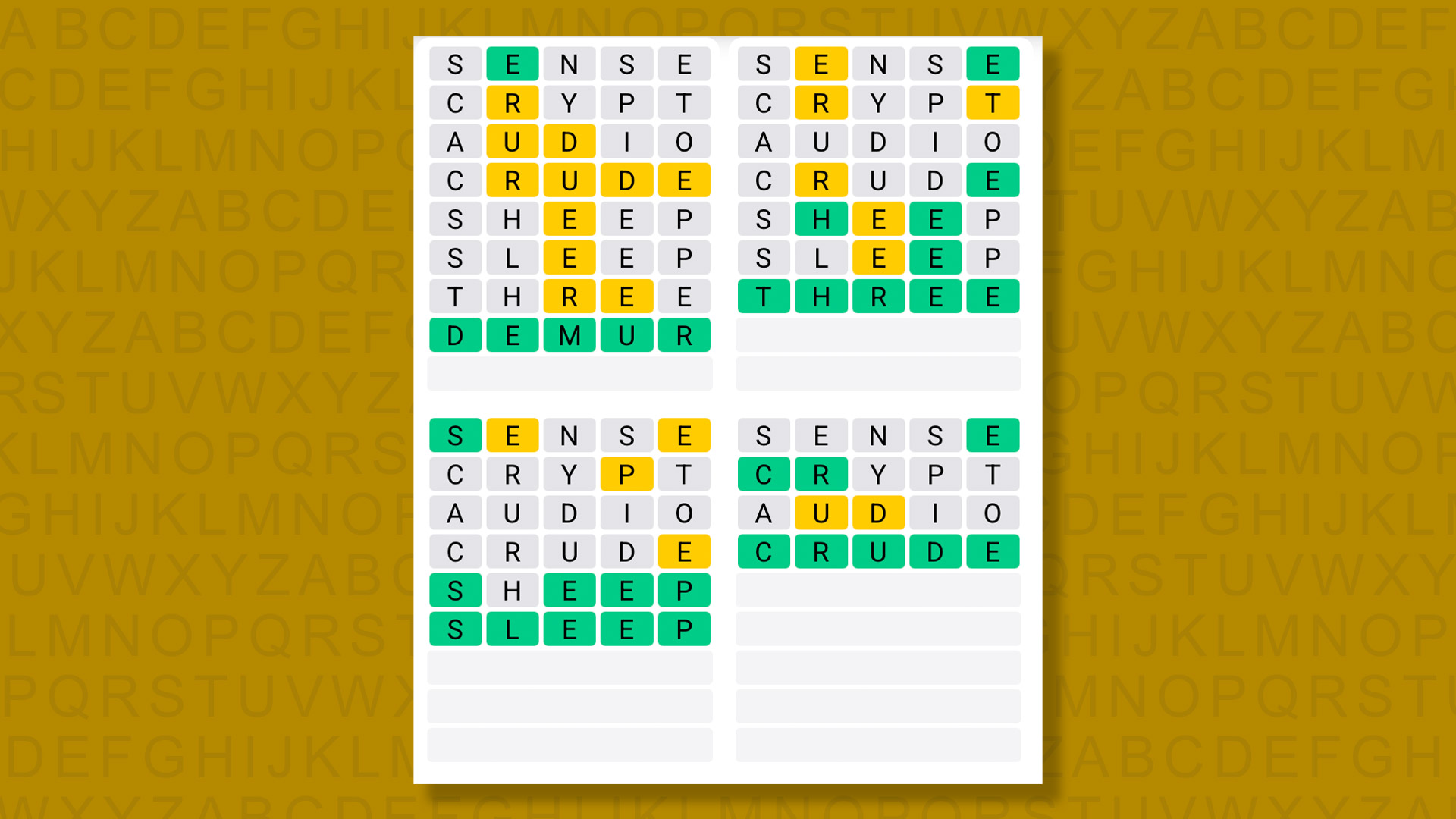 Quordle answers for game 1573 on a yellow background