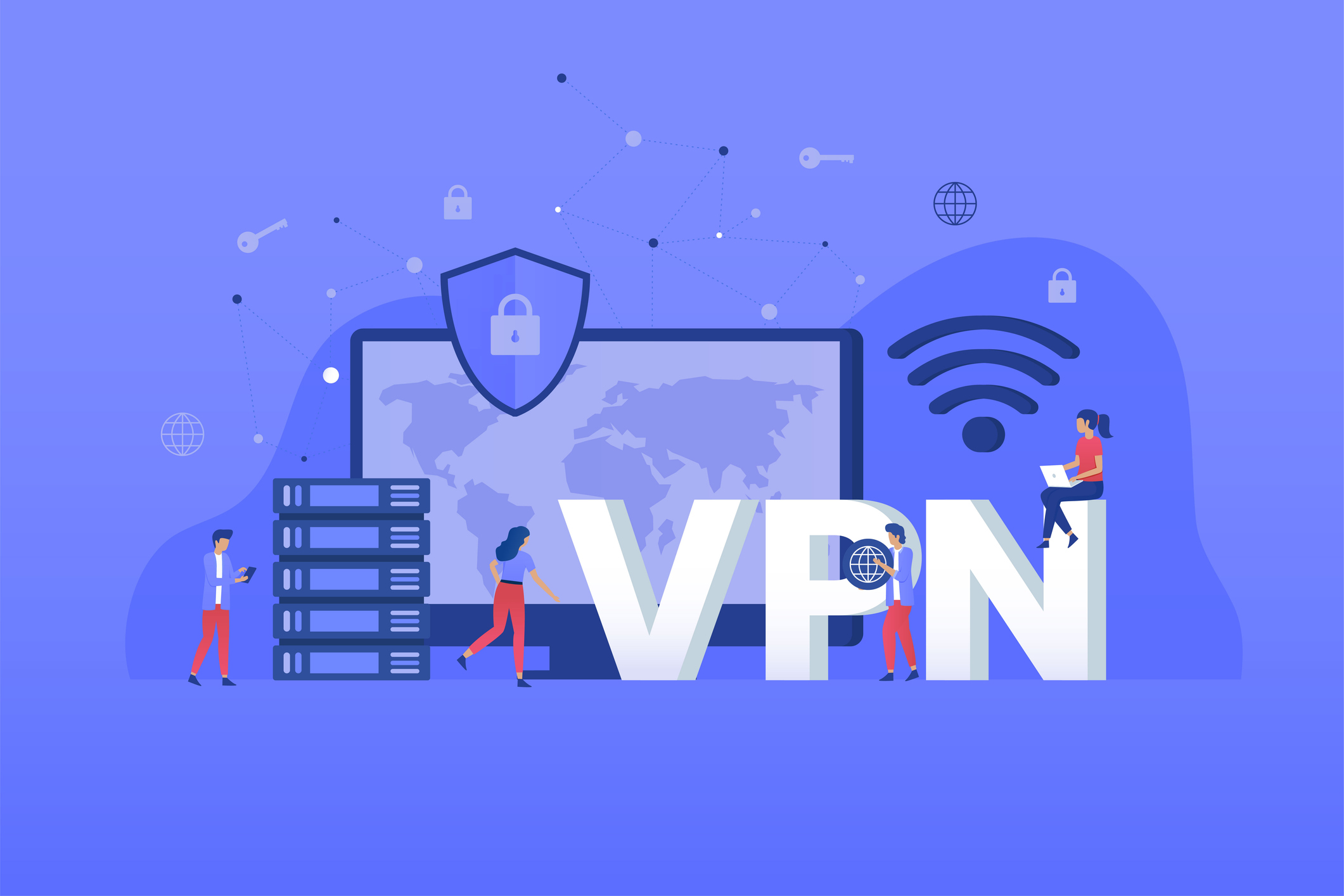 An illustration containing a stack of books, a computer screen, and four figures surrounding the "VPN" abbreviation.