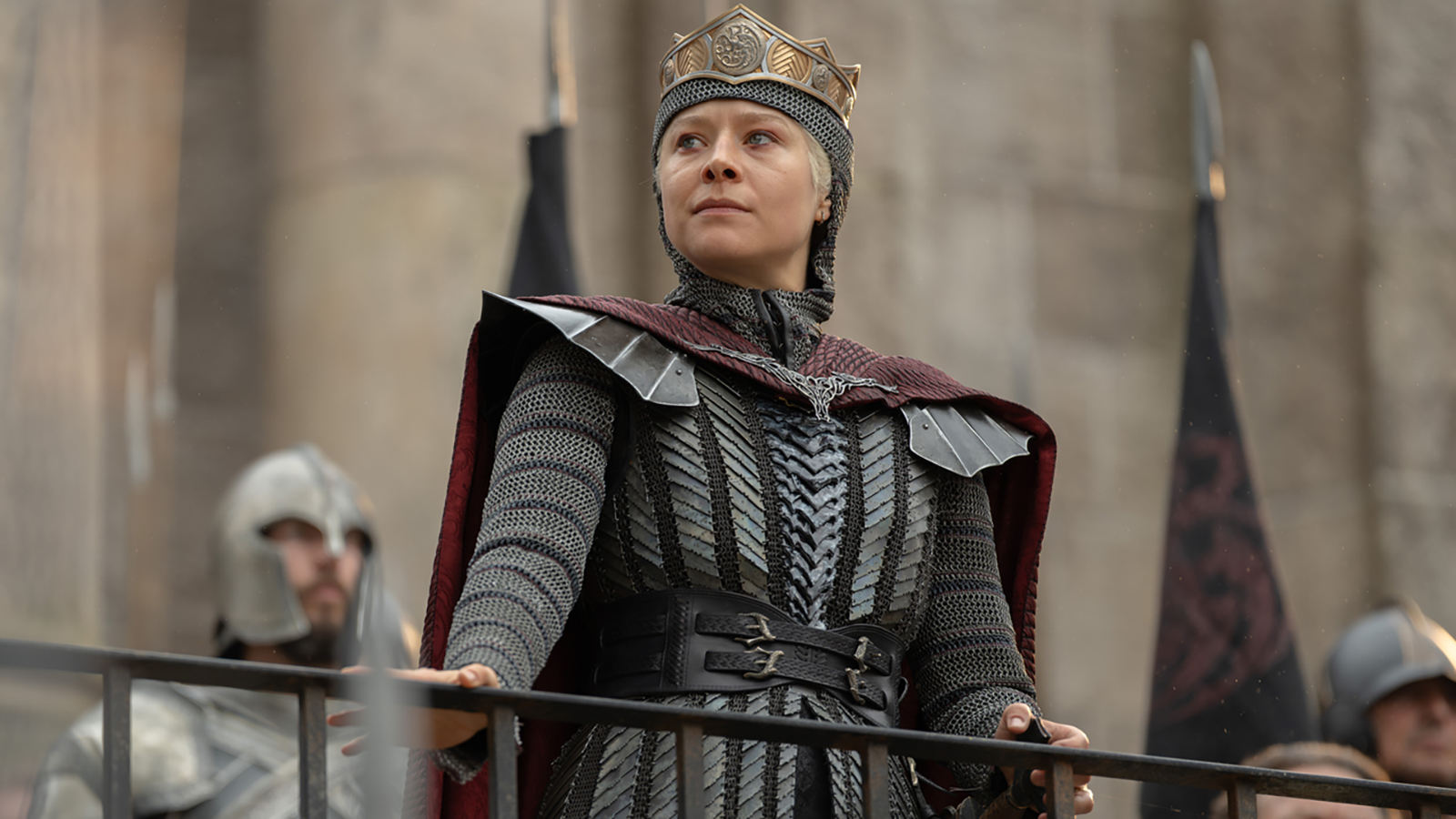 Rhaenyra standing as she holds onto a guardrail in House of the Dragon season 3 episode 8