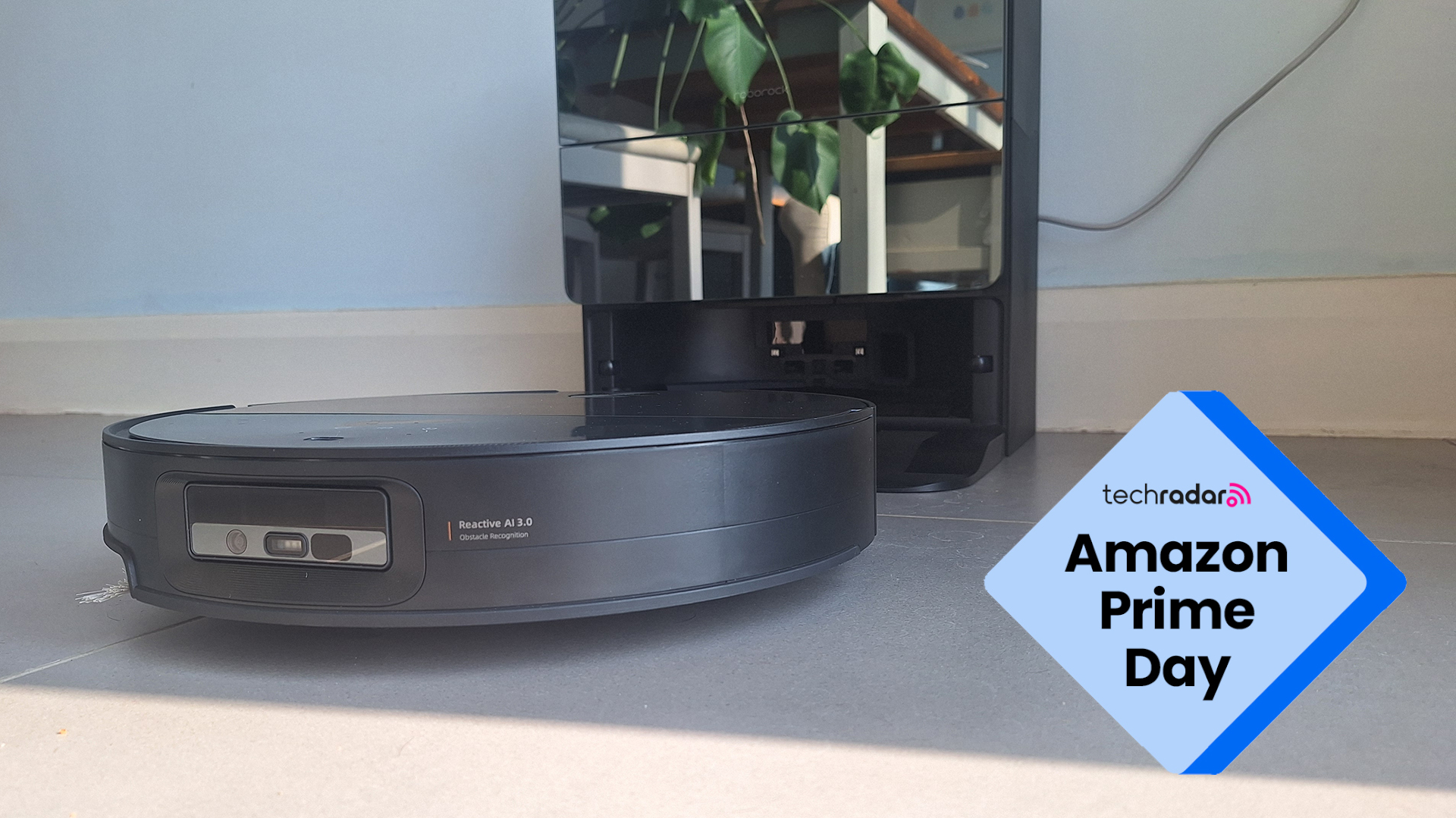 Roborock robot vacuum with an Amazon Prime Day logo