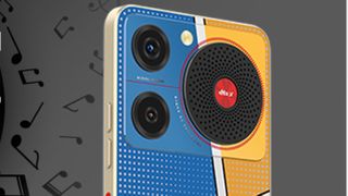 Nubia Music Phone on gray background with musical note animations