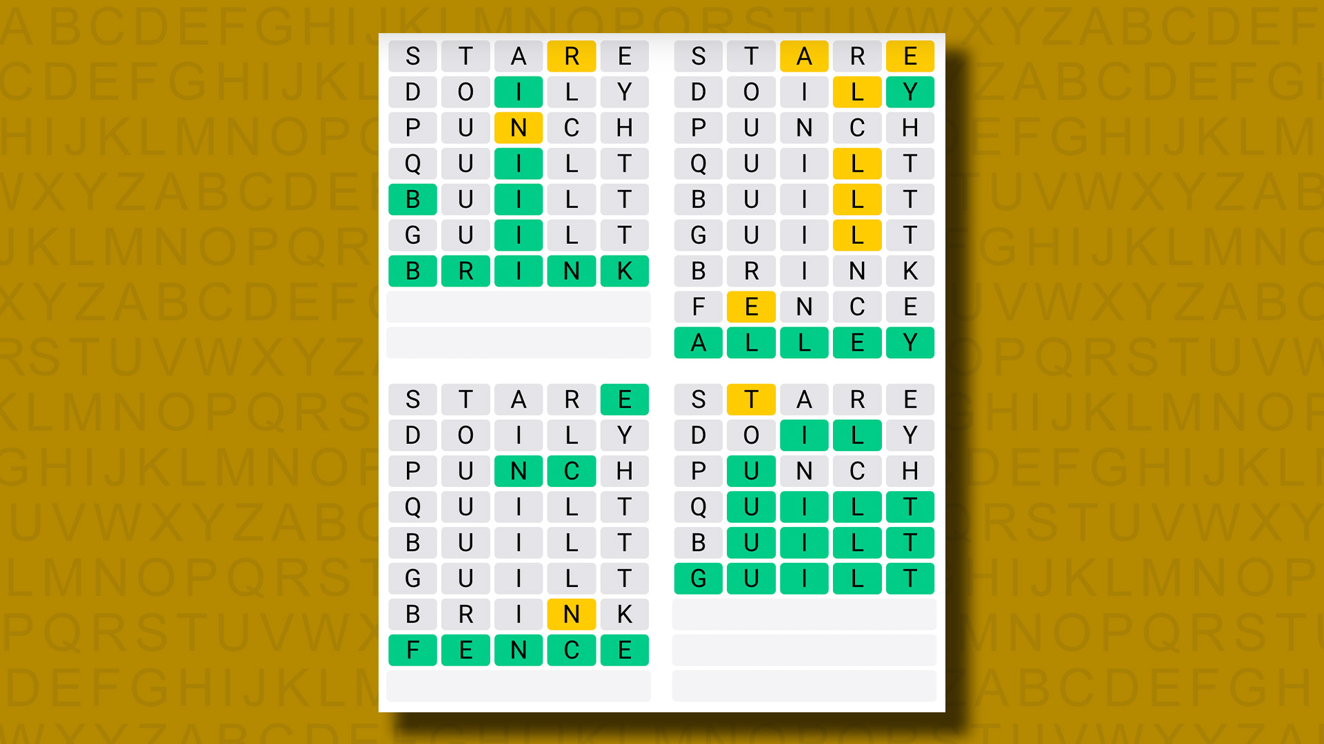 Quordle answers for game 853 on a yellow background