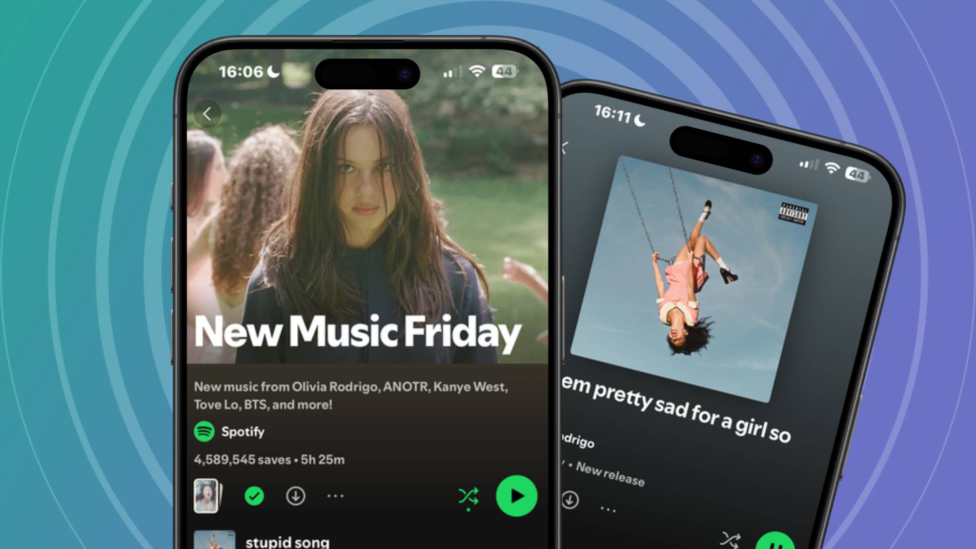 Two smartphones showing Spotify's New Music Friday Playlist and Olivia Rodrigo's new album