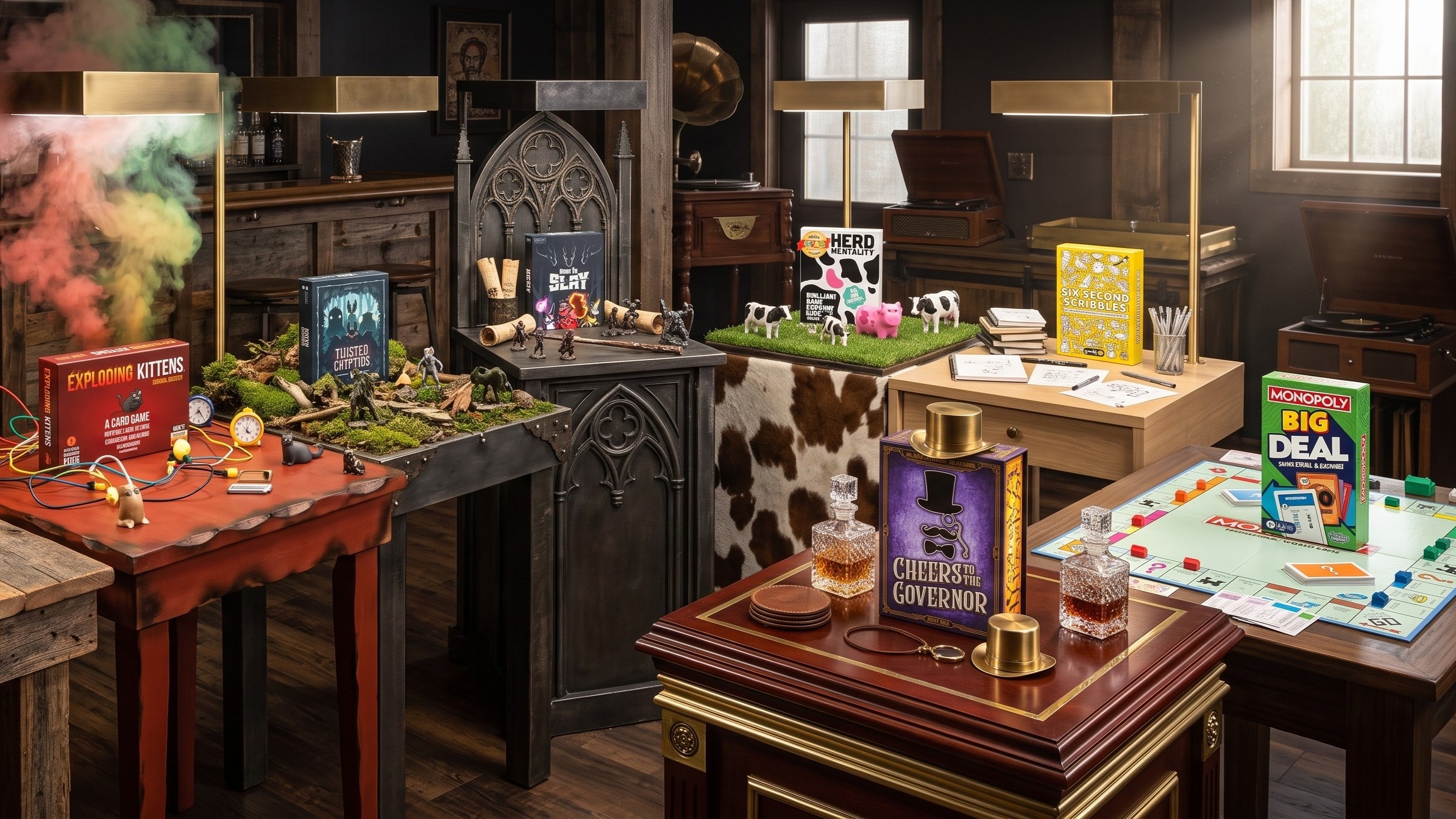 Board games on various podiums that match their visual style like a posh podium for Cheers to the Governor.