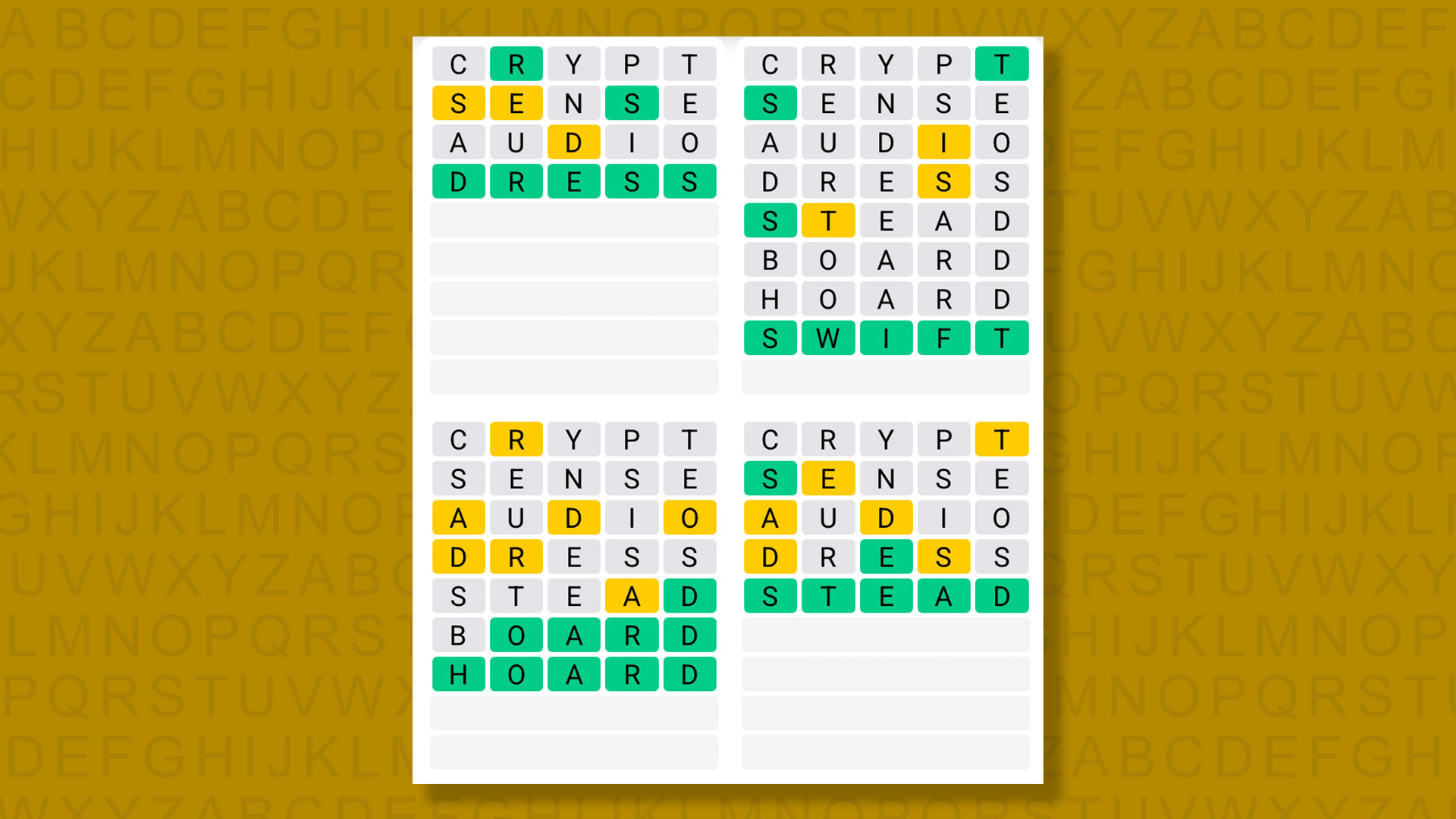 Quordle answers for game 1563 on a yellow background