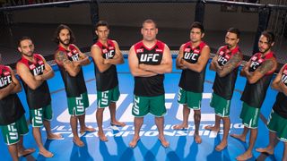 Team Velasquez poses for a group portrait inside the Octagon on media day during filming of The Ultimate Fighter