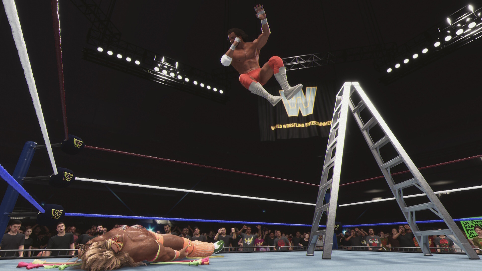 A screenshot of a fight from WWE 2K25