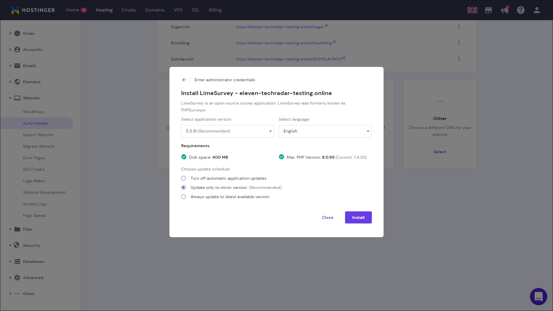 Screenshot of the first step of the install wizard for LimeSurvey on Hostinger.