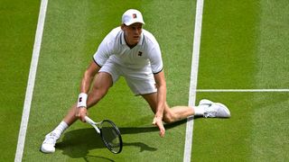 Jannik Sinner of Italy in action against Nuno Borges of Portugal during the Gentlemen's Singles second round match on Day Three of The Championships Wimbledon 2026 
