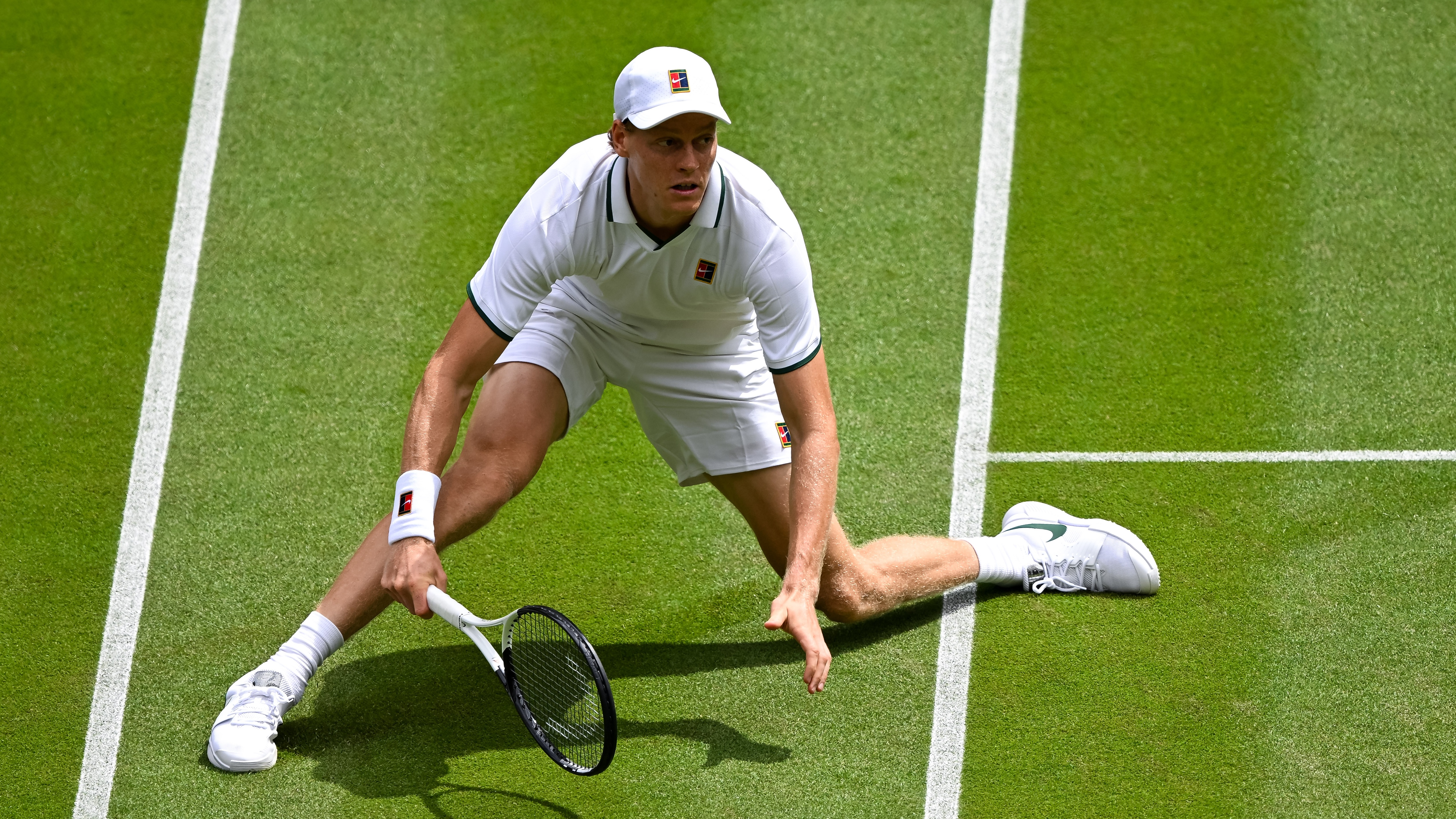 Jannik Sinner of Italy in action against Nuno Borges of Portugal during the Gentlemen's Singles second round match on Day Three of The Championships Wimbledon 2026 