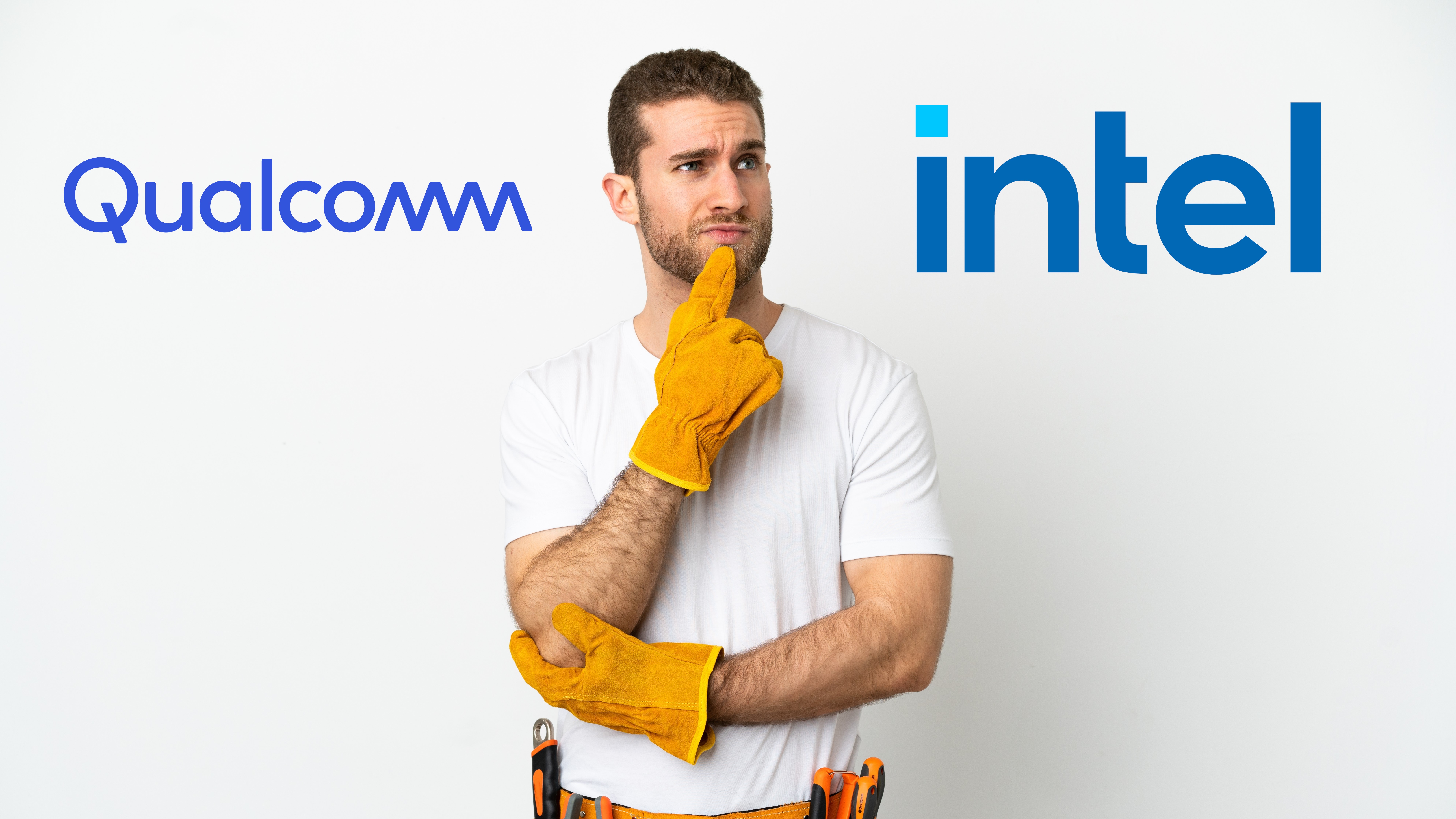A man looking perplexed between the Qualcomm and Intel logos.