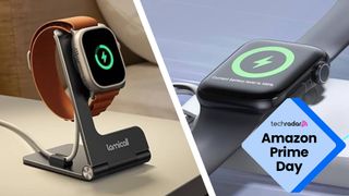 A charging stand and portable charging keychain charging Apple Watches