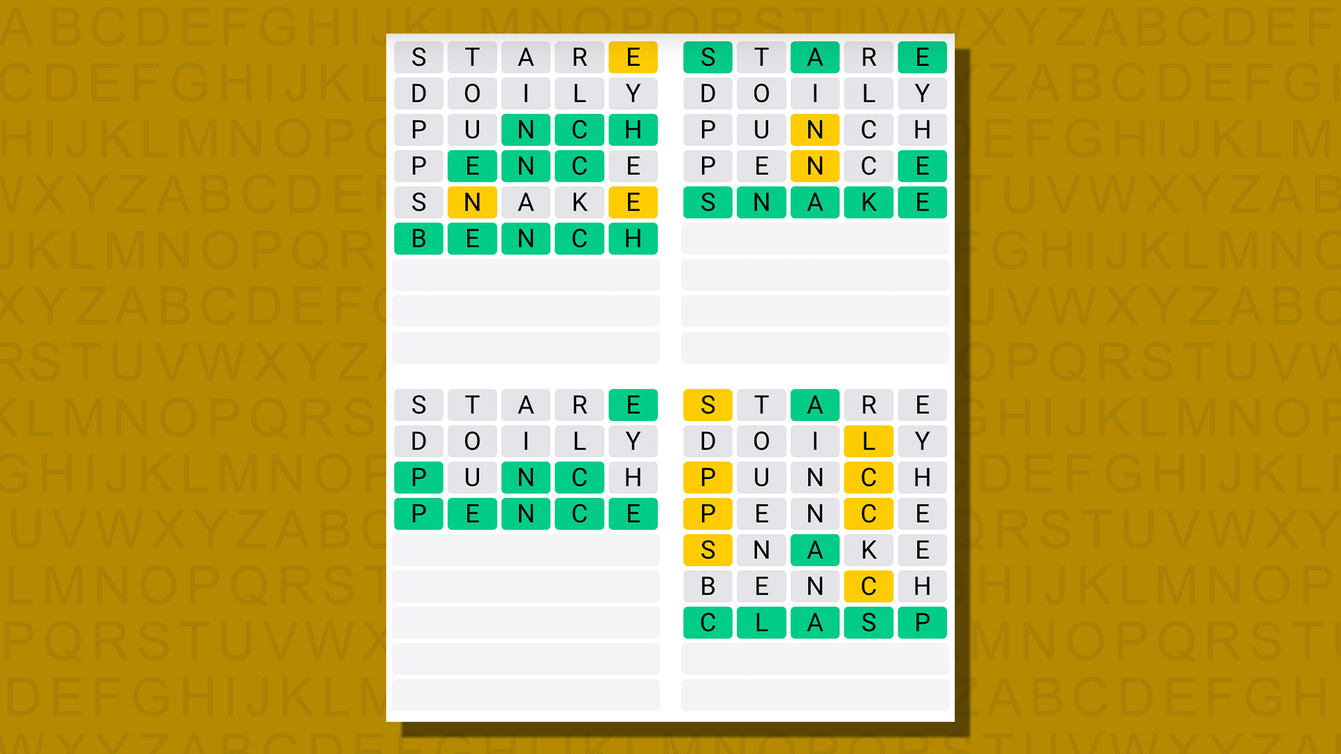 Quordle answers for game 784 on a yellow background