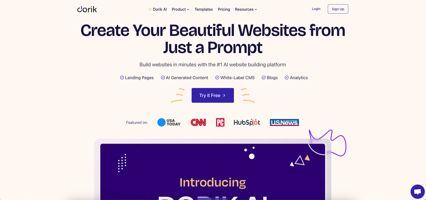 screenshot of dorik ai website builder homepage