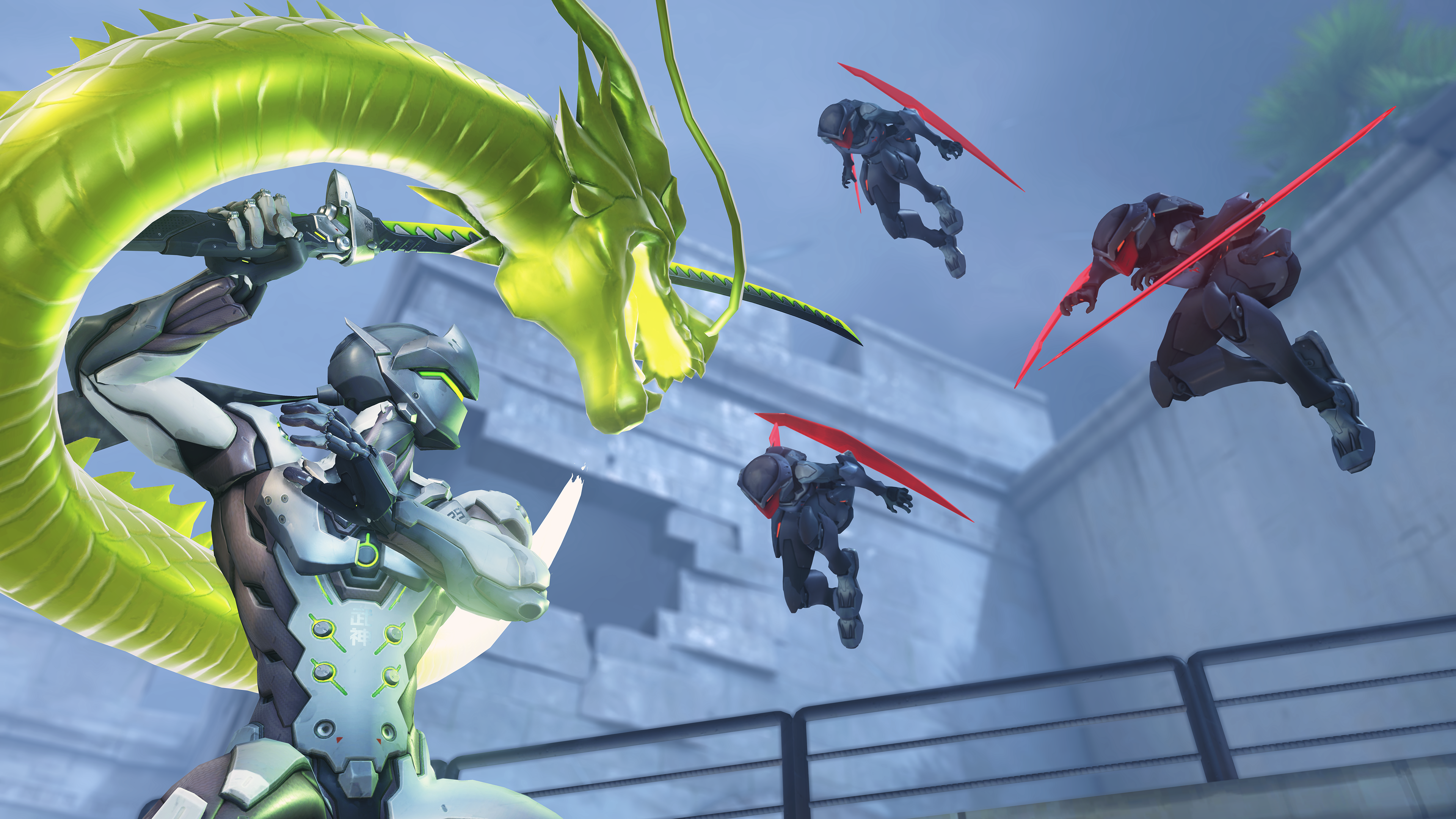 A character wields a blade against three enemies