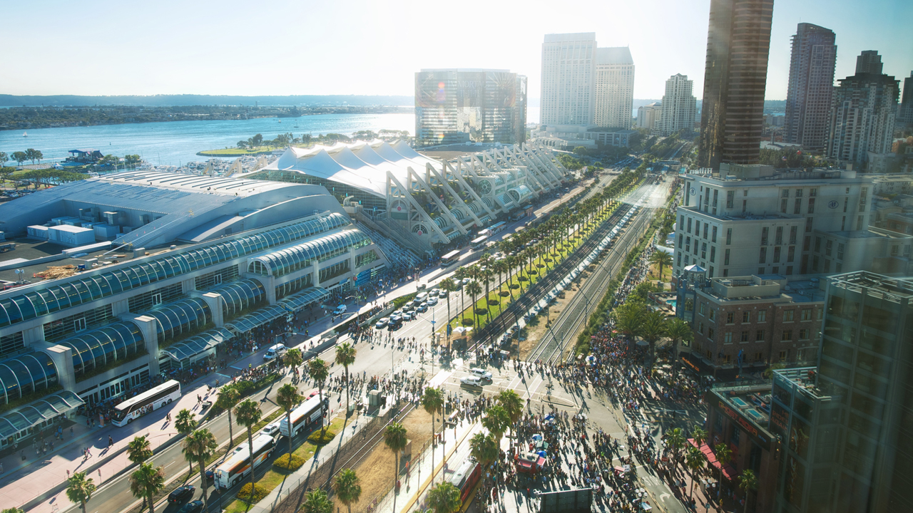 A wide shot of the San Diego convention center that's used for Comic-Con