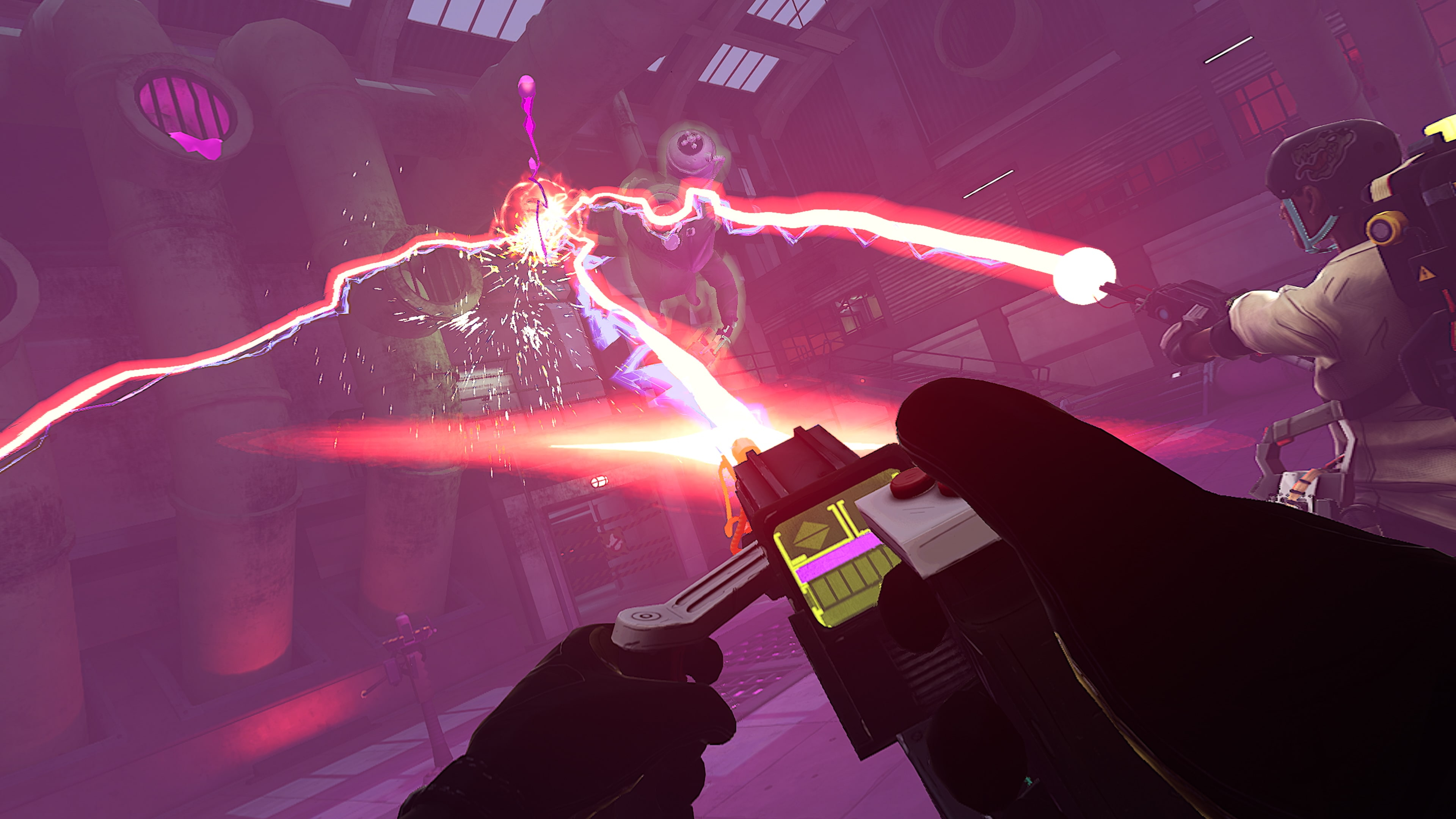 Three Ghostbusters firing their proton pack beams at a ghost in an abandoned factory in VR