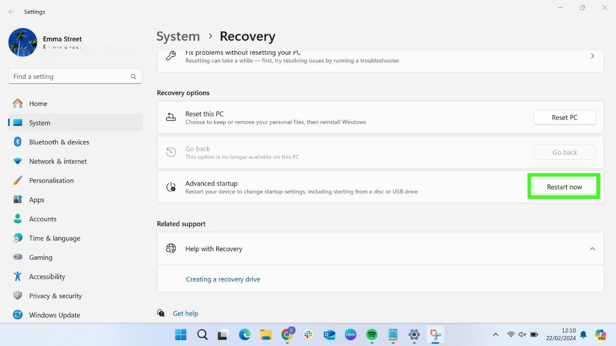 Screenshot showing how to check the CPU temperature in Windows - Open settings &amp;gt; system &amp;gt; recovery