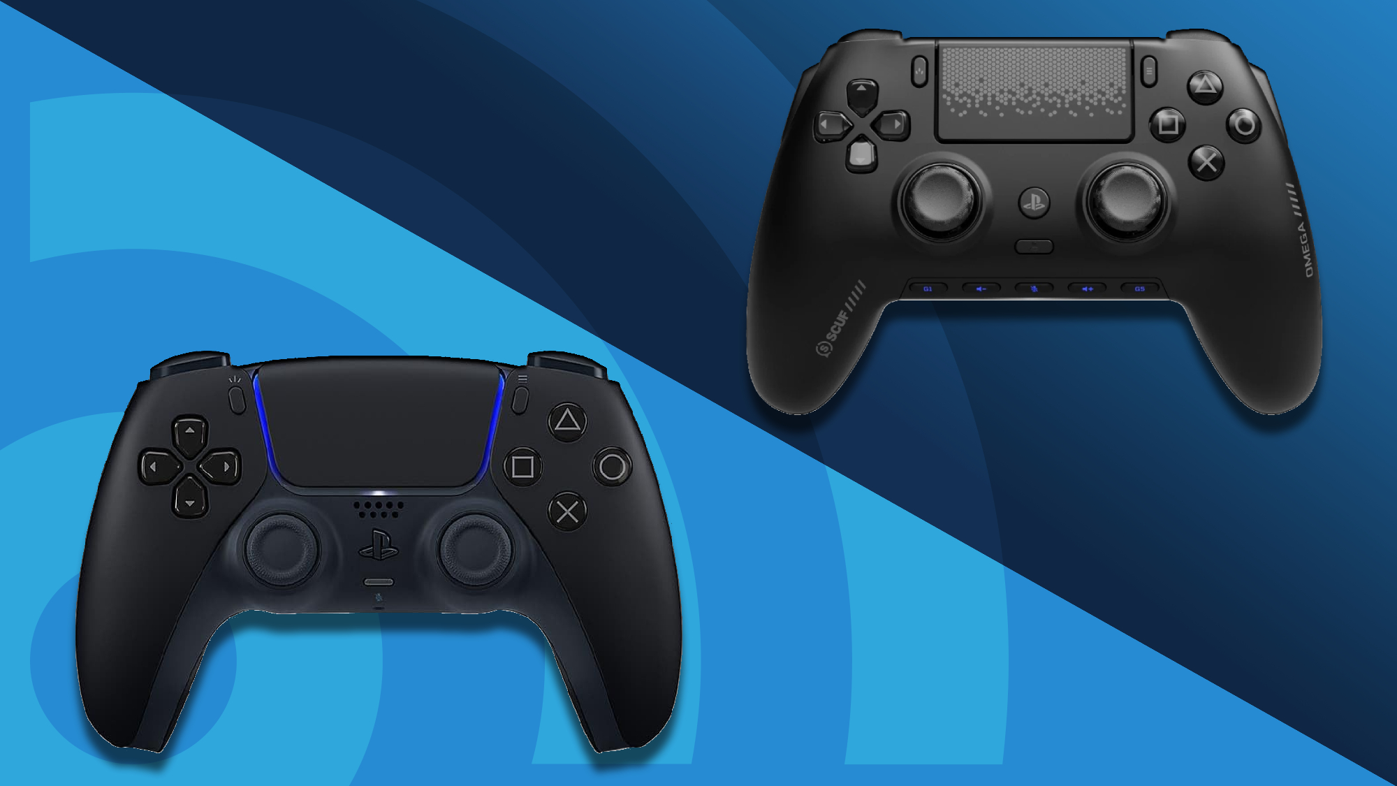 The DualSense (left) and Scuf Omega (right) PS5 controllers on a blue gradiant background