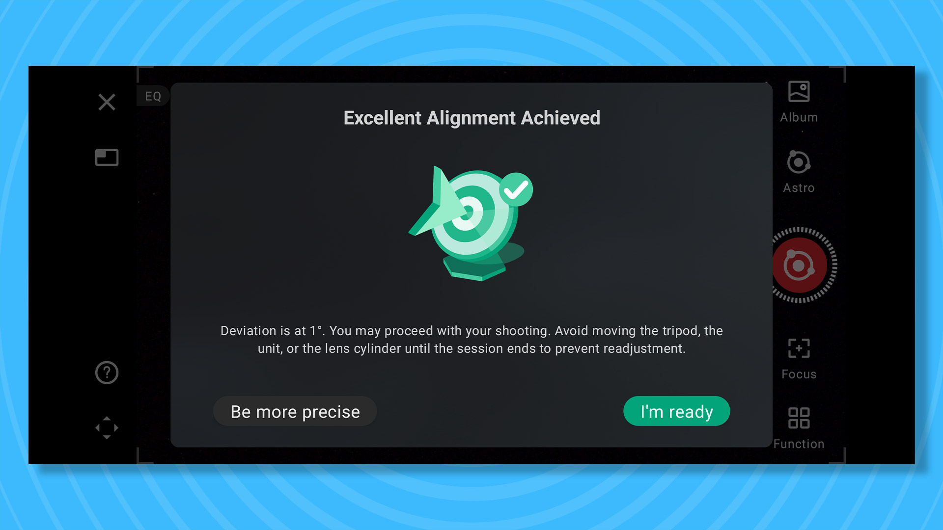 A screenshot from the Dwarf III's app showing alignment achieved in EQ mode