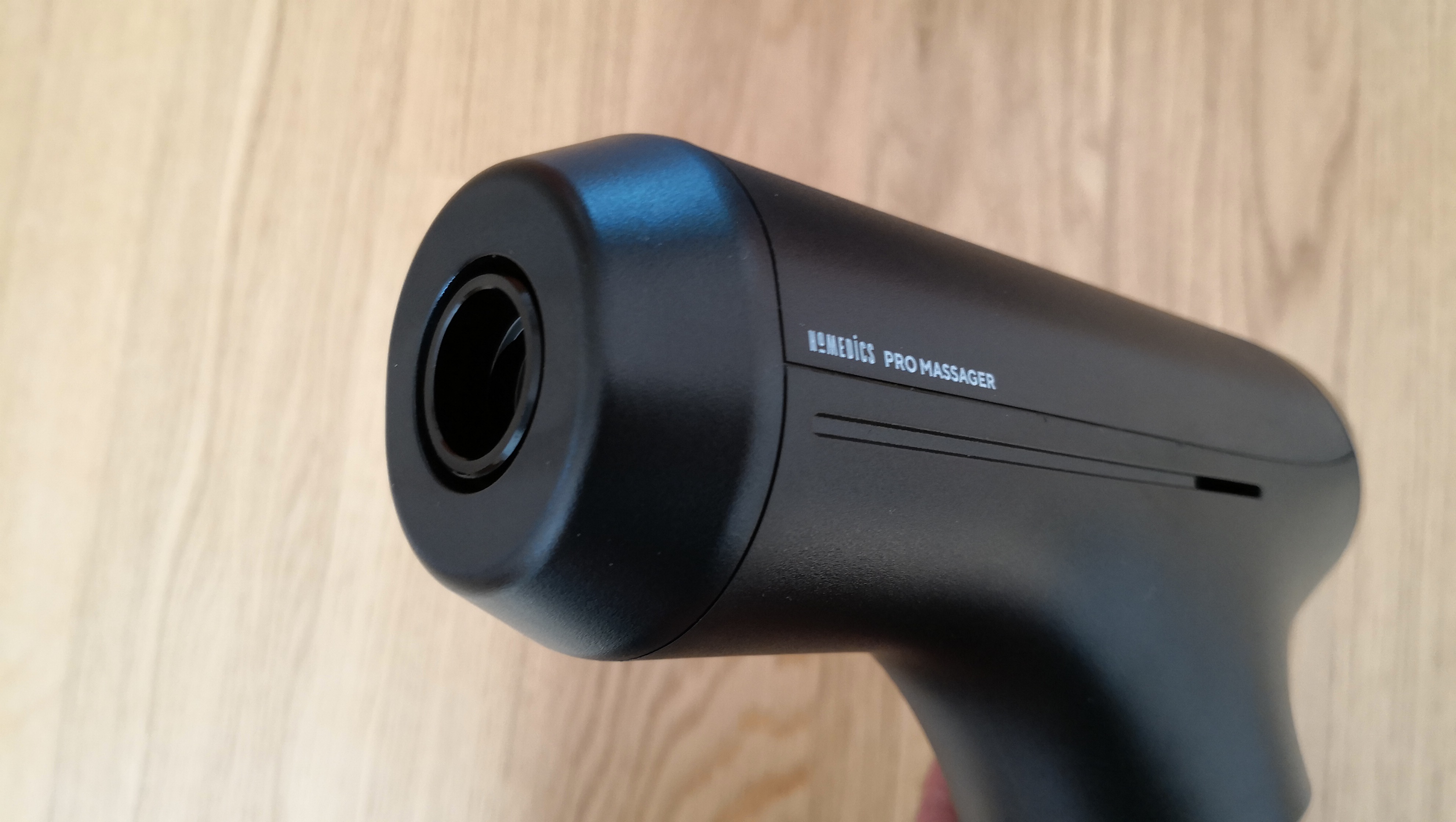 Front of HoMedics Pro Physio Massage Gun, showing socket here heads are inserted